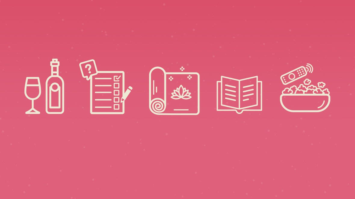 Icons on a pink background: wine bottle and glass; checklist with pencil; yoga mat; open book; bowl of popcorn with remote, conveying relaxation.