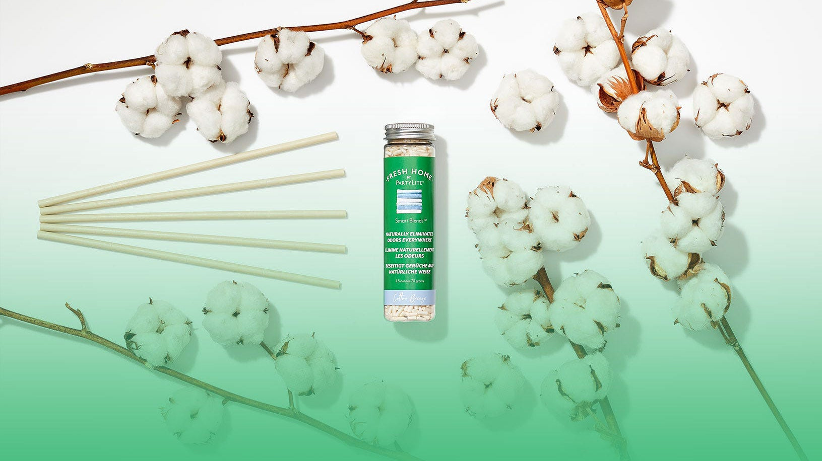 Smart Scent Blends against a white and green background with Scent Sticks.