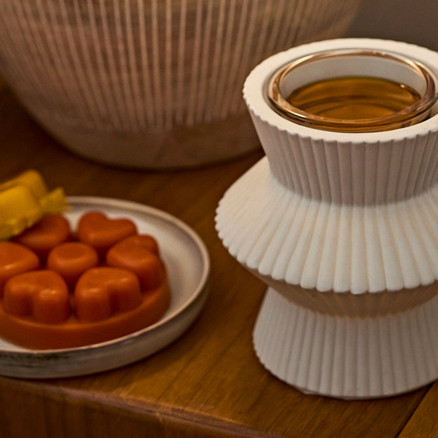 Wax Melt Warmer and Melts on a side table