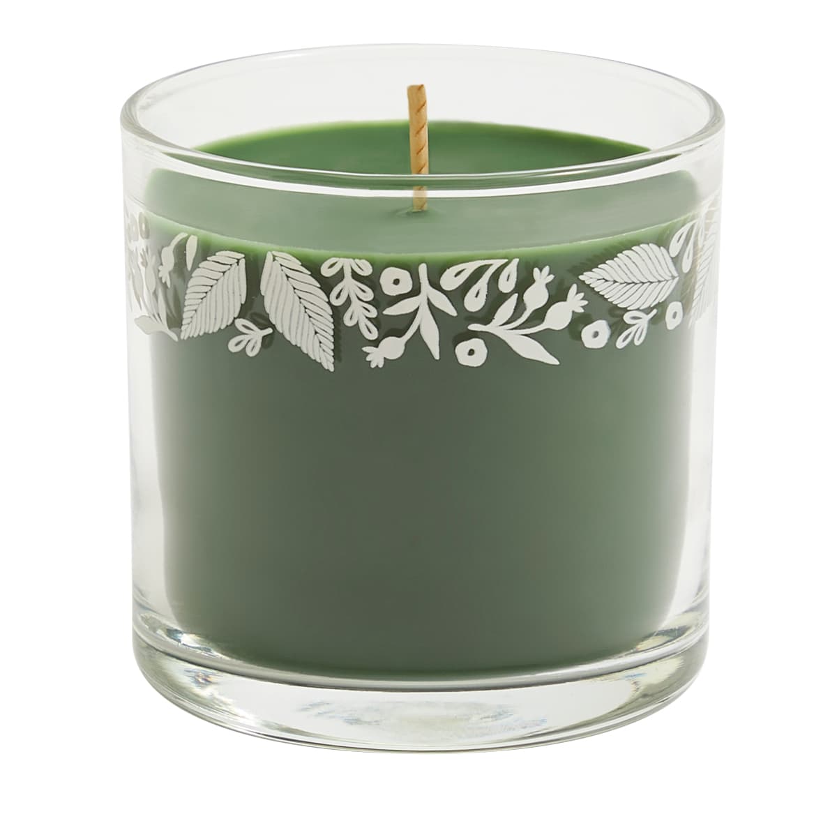 Wild Woods & Foliage Mini Jar Candle, Green wax against a white background.