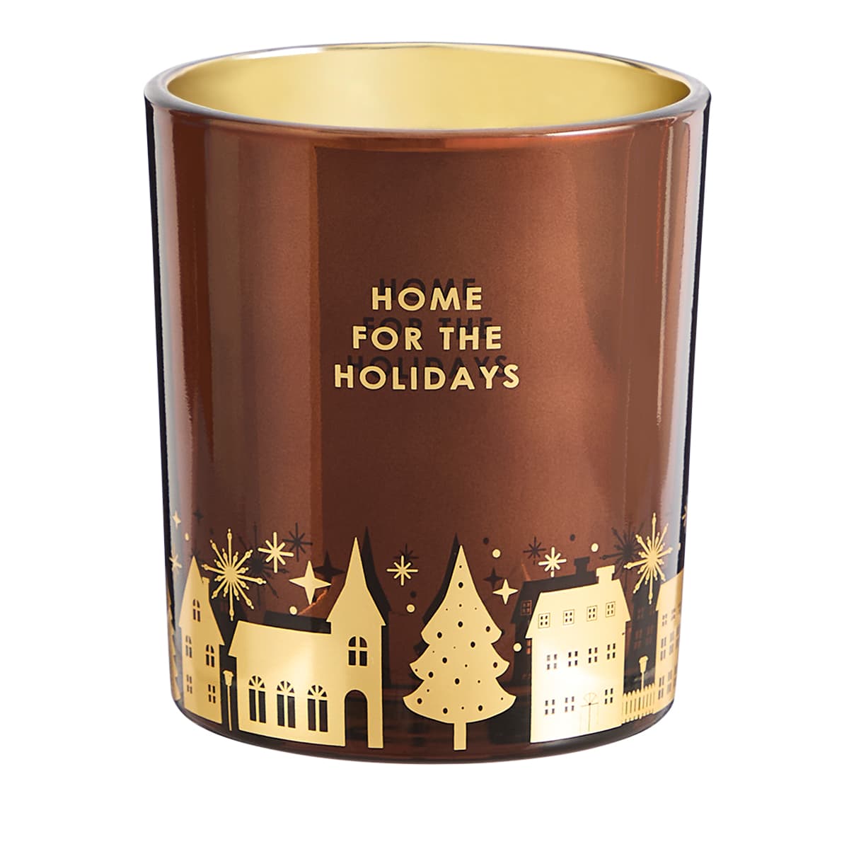 Home for the Holidays Jar in Holiday Spices fragrance, in a brown jar with gold holiday themes along the bottom of the jar.
