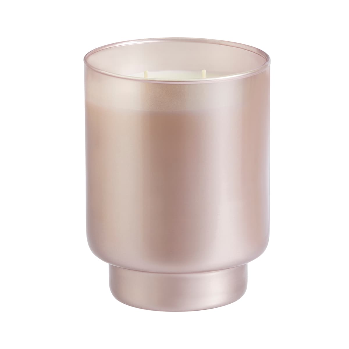 A frosted glass jar candle with a two-wick design, infused with cinnamon and bayberry scents.
