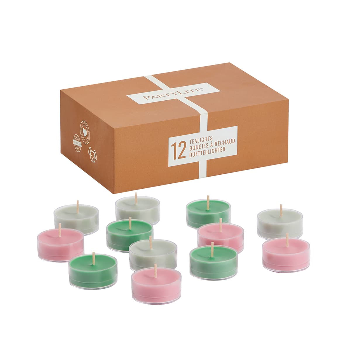 Winter Soulstice 12-Piece Tealight Sampler box with colored tealights 4 of each color/fragrance.