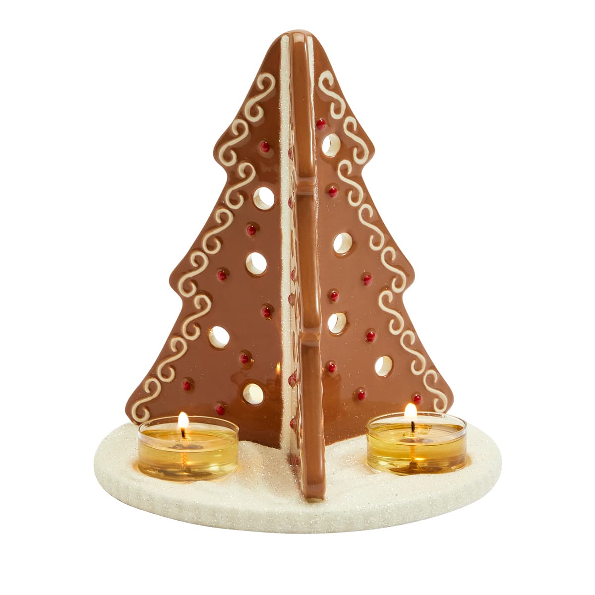 Gingerbread Tree Tealight Holder with lit tealight candles against a white background.