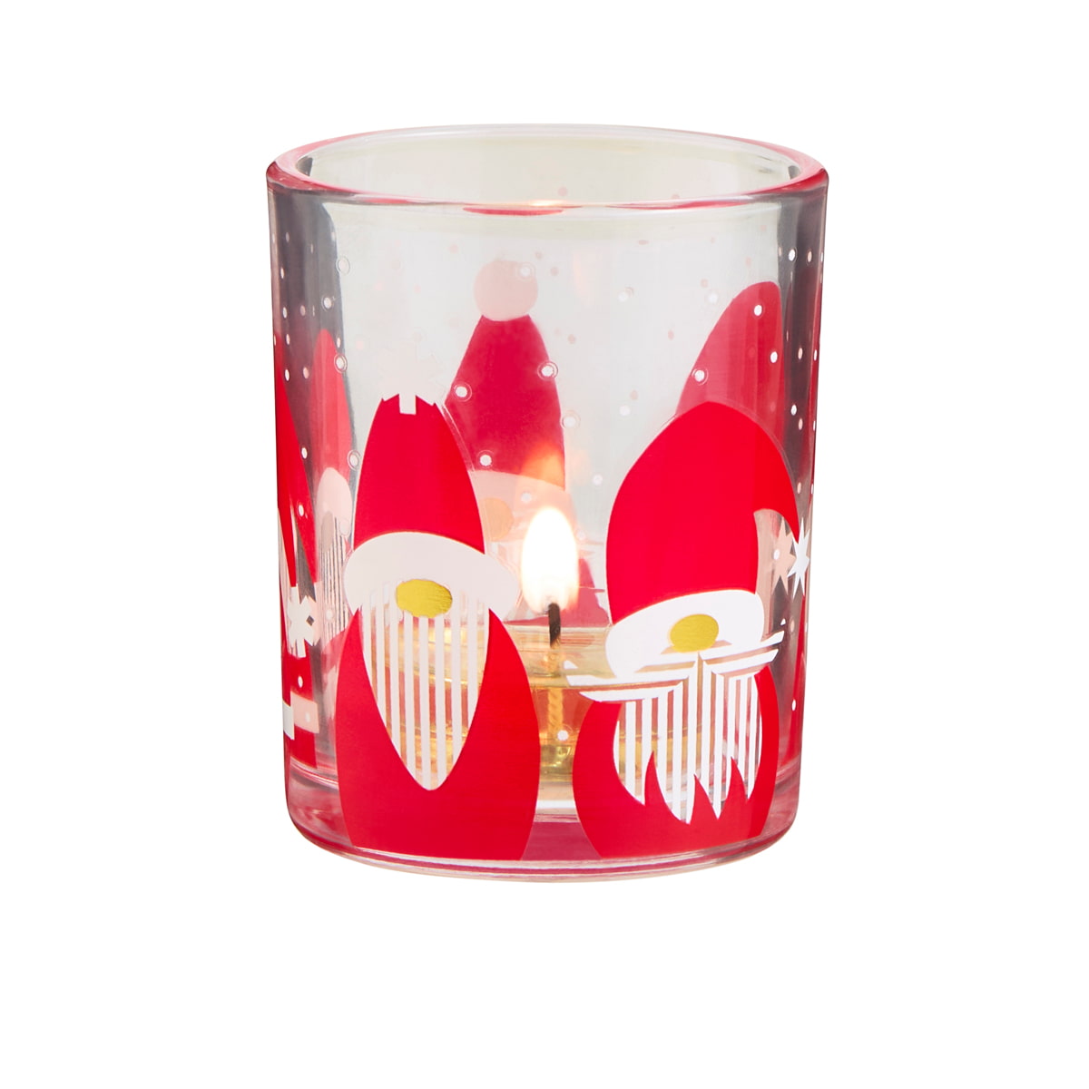 Gnome-for-the-Holidays Tealight/Votive Holder clear glass holder with red Santa inspired Gnomes shown with a lit tealight against a white background.