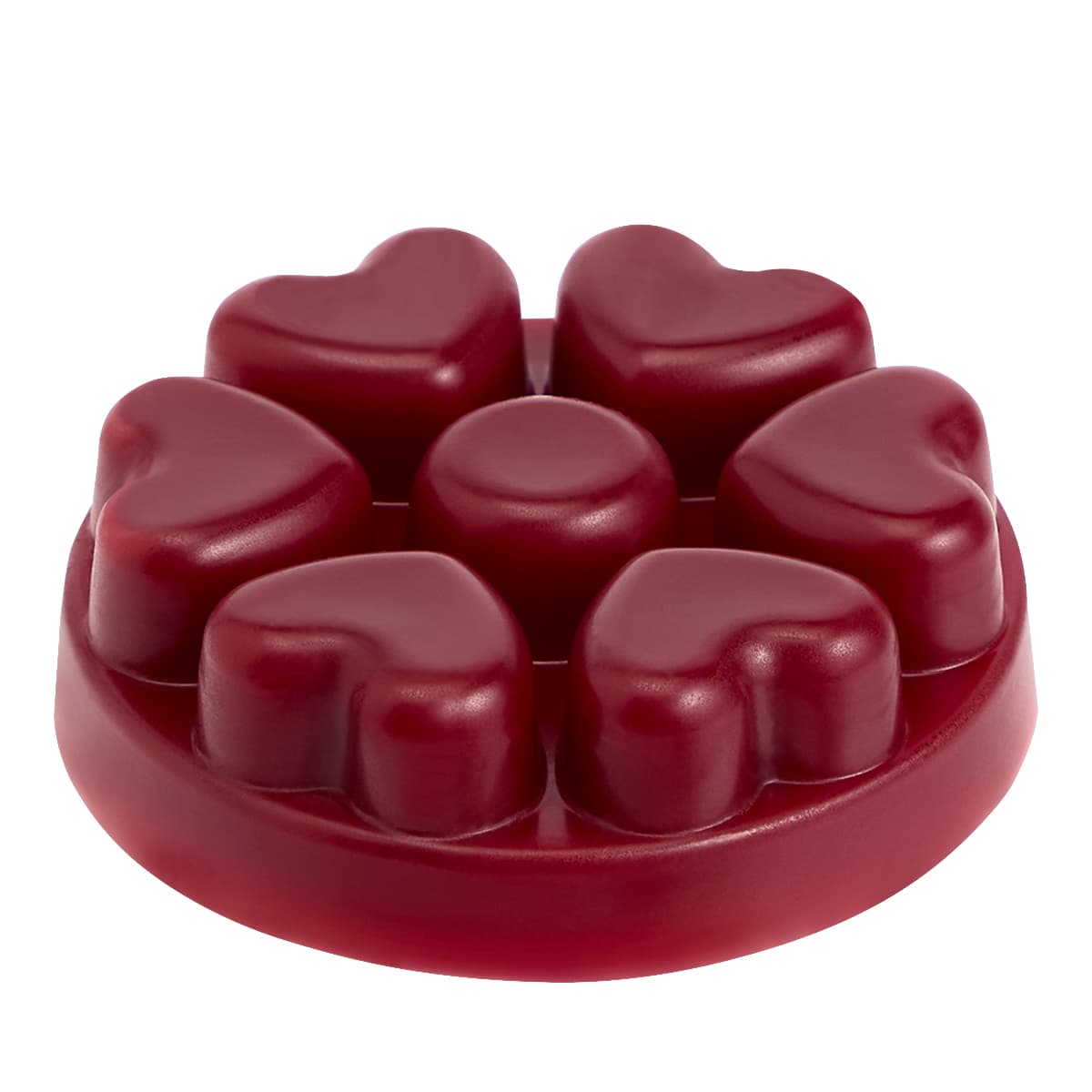 Bourbon Cherry heart shaped wax melts against a white background.
