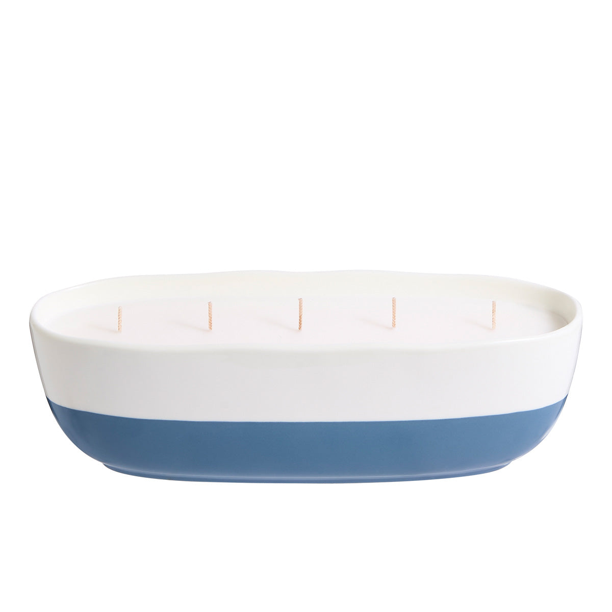 Capri Limoncello Specialty Jar Candle, 5-wicks with a white top and blue bottom of a ceramic holder, against a white background.