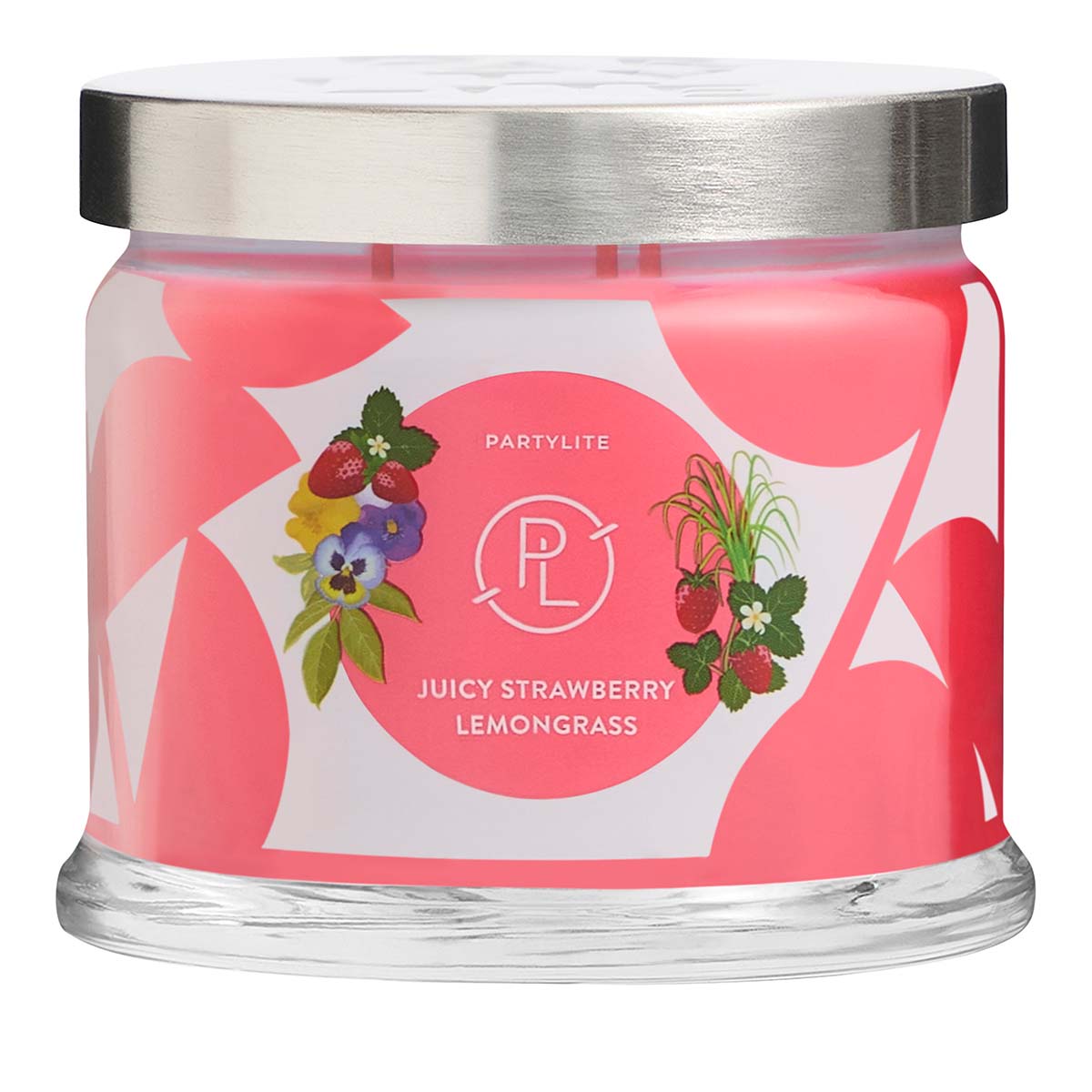 Juicy Strawberry Lemongrass 3-wick Jar Candle against a white background.