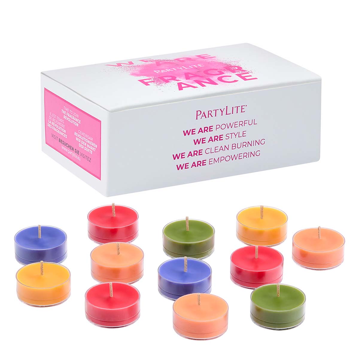Farm 2 Table 12-Piece Colorful Tealight Sampler against a white background.