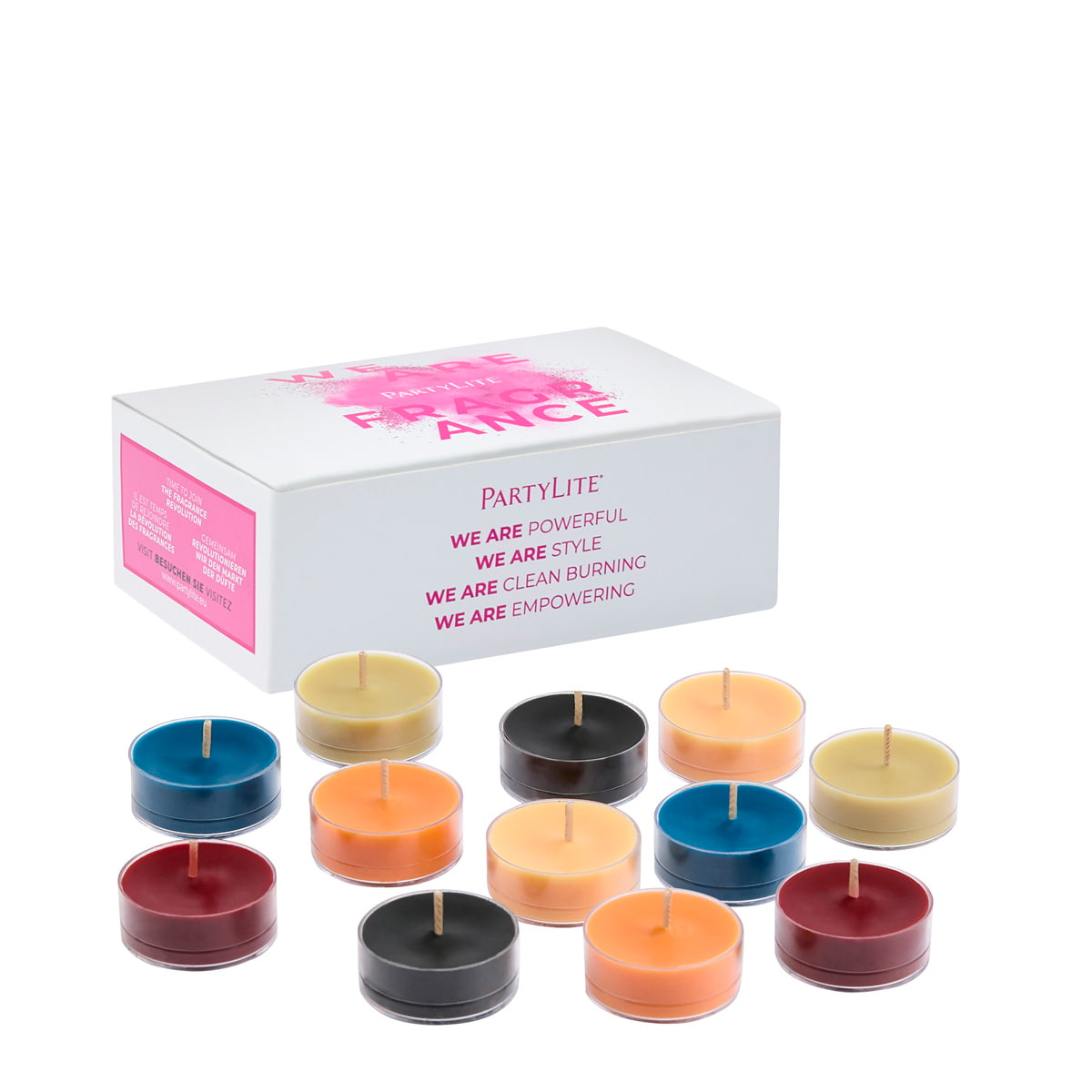 Mood 12-piece colorful tealight sampler shown with PartyLite box against a white background.
