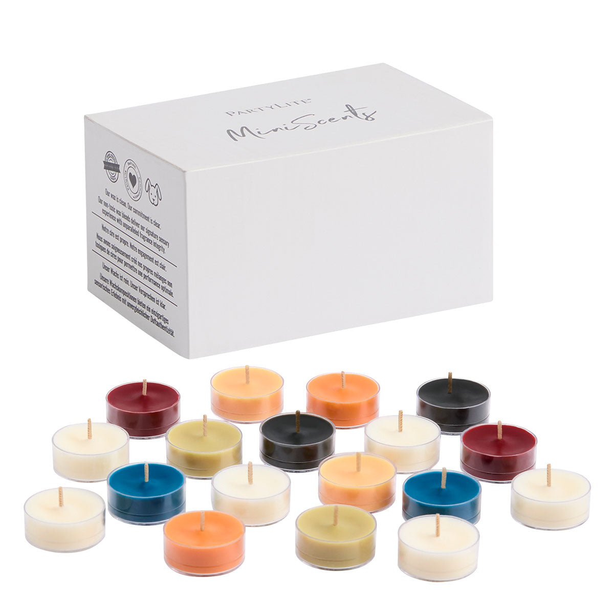 Specialty MiniScents 18-Piece Colorful Tealight Sampler shown with the tealight box.