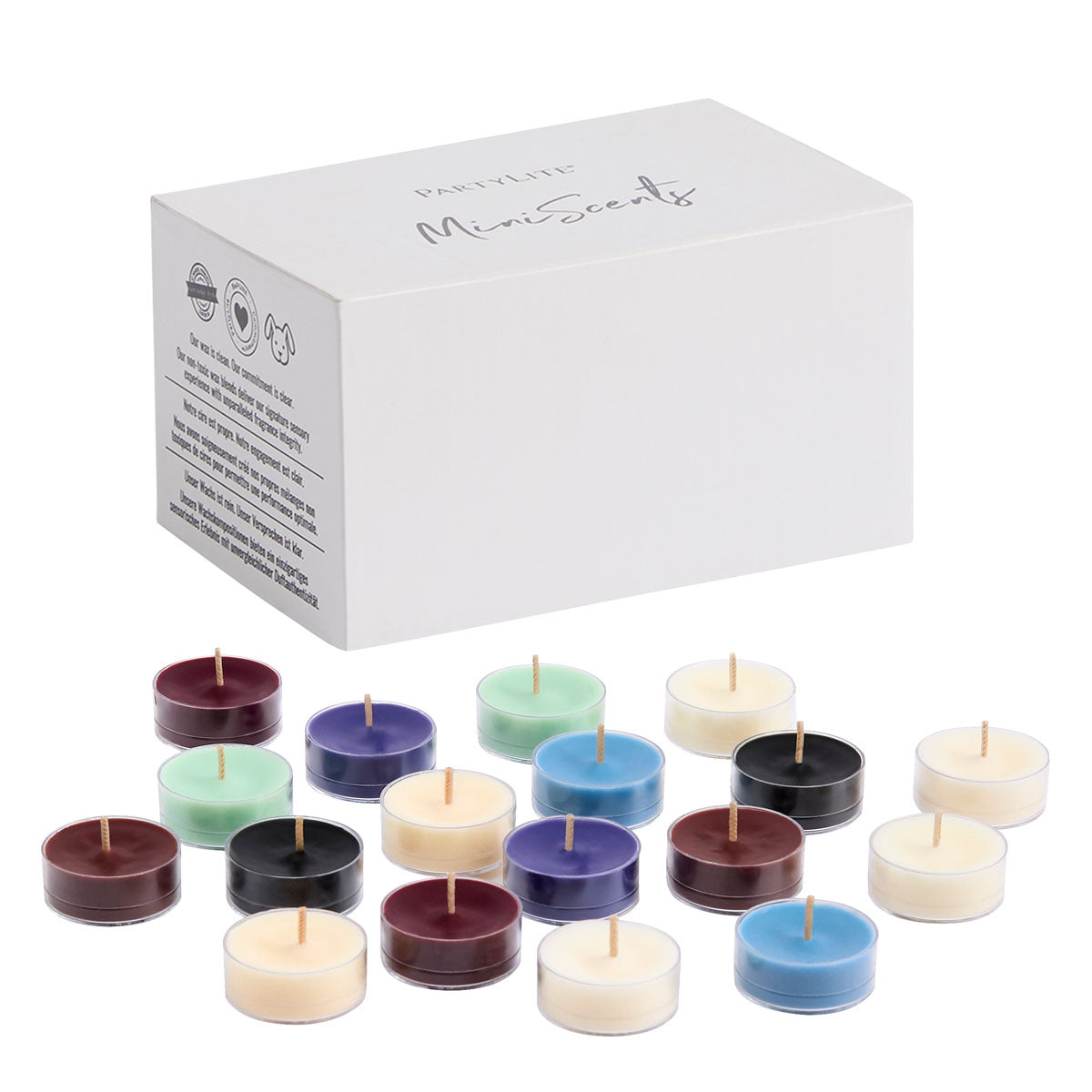 Favorites MiniScents 18-Piece colorful Tealight Sampler shown with the tealight box.