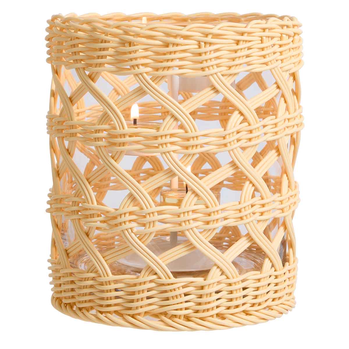 Woven Hurricane with lit tealights inside, against a white background.