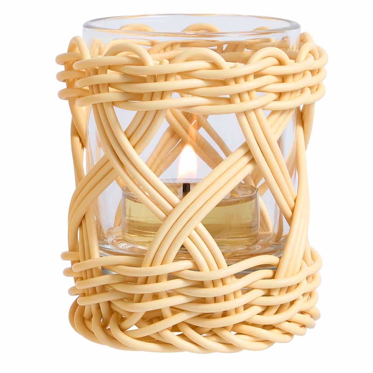Woven Tealight/Votive holder shown with a lit tealight against a white background.