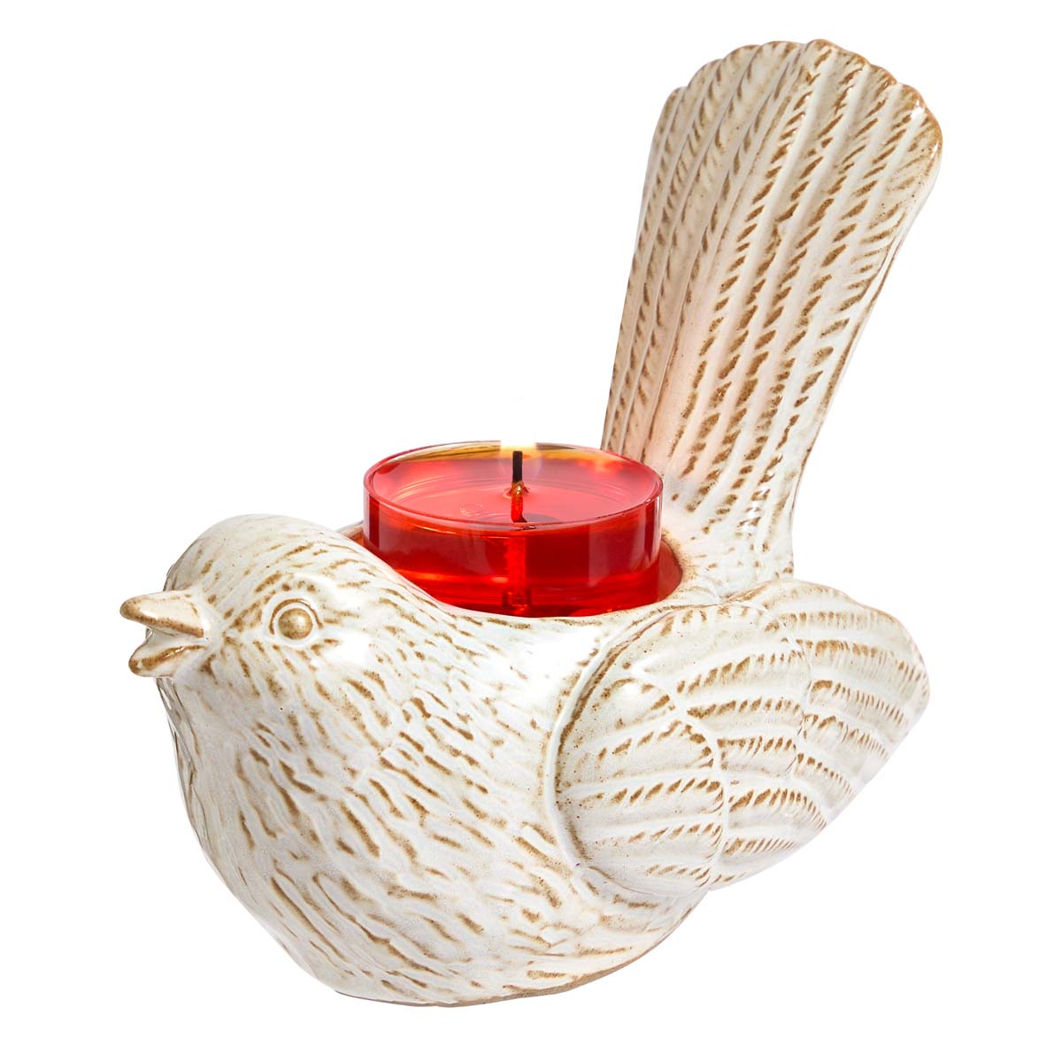 Songbird Tealight Holder shown with a lit tealight against a white background.