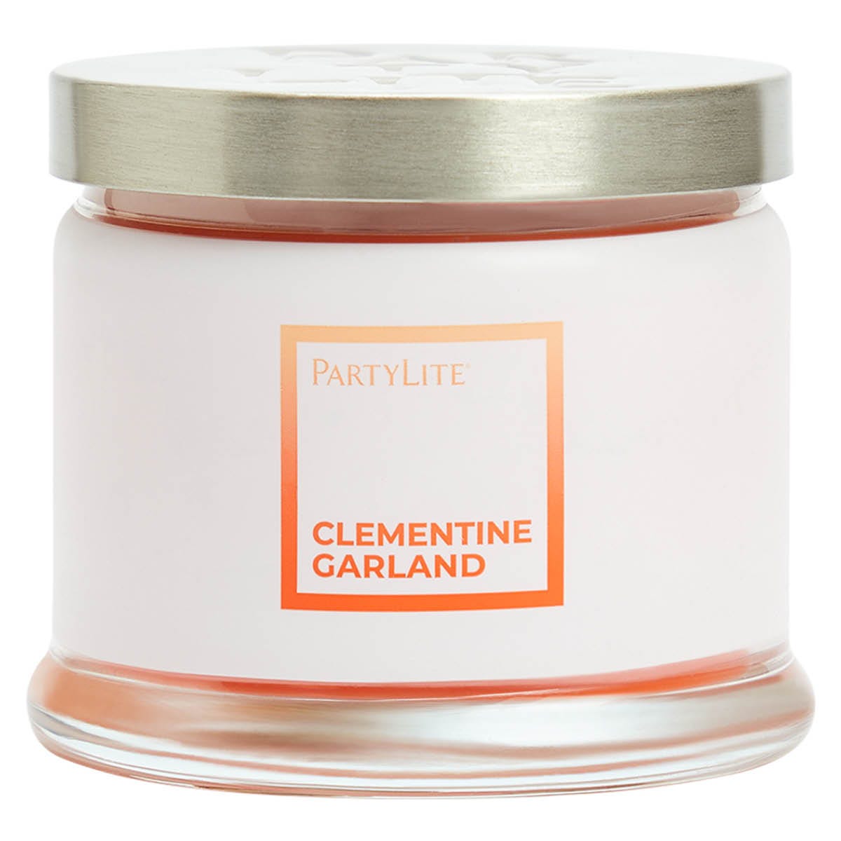 A PartyLite Clementine Garland 3-wick jar candle with a silver lid on a white background.