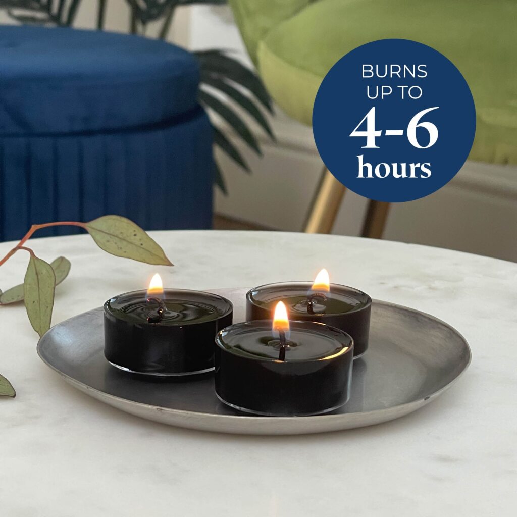 Three black tealight candles on a silver tray with a blue circle displaying 'Burns up to 4-6 hours' text.