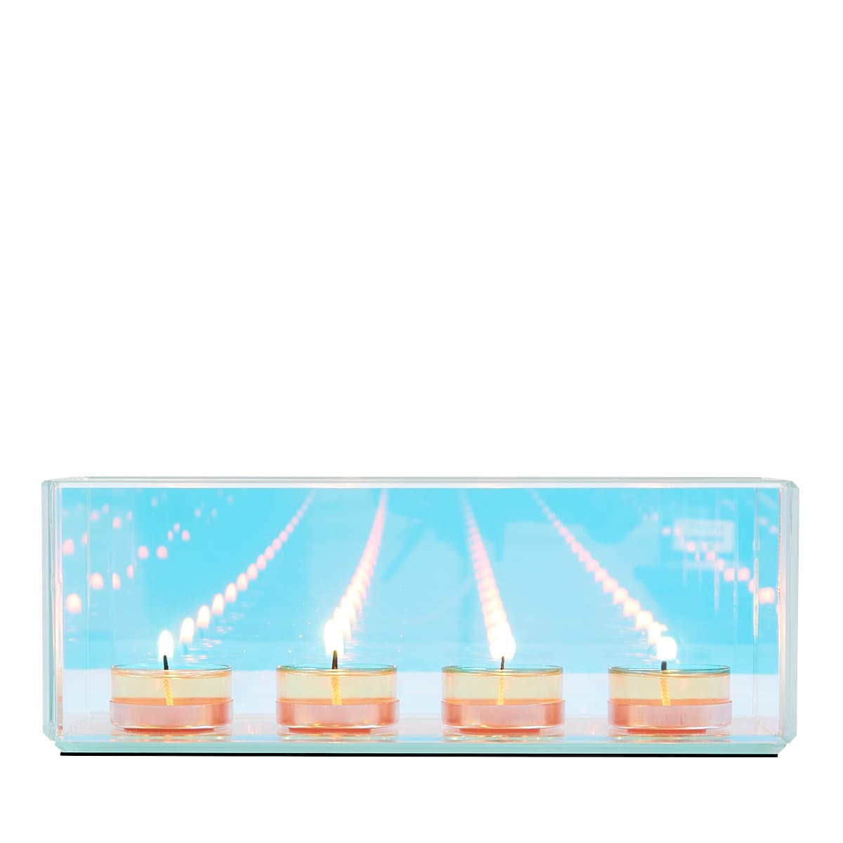 Infinite Reflections Centerpiece with 4 lit tealights against a white background.