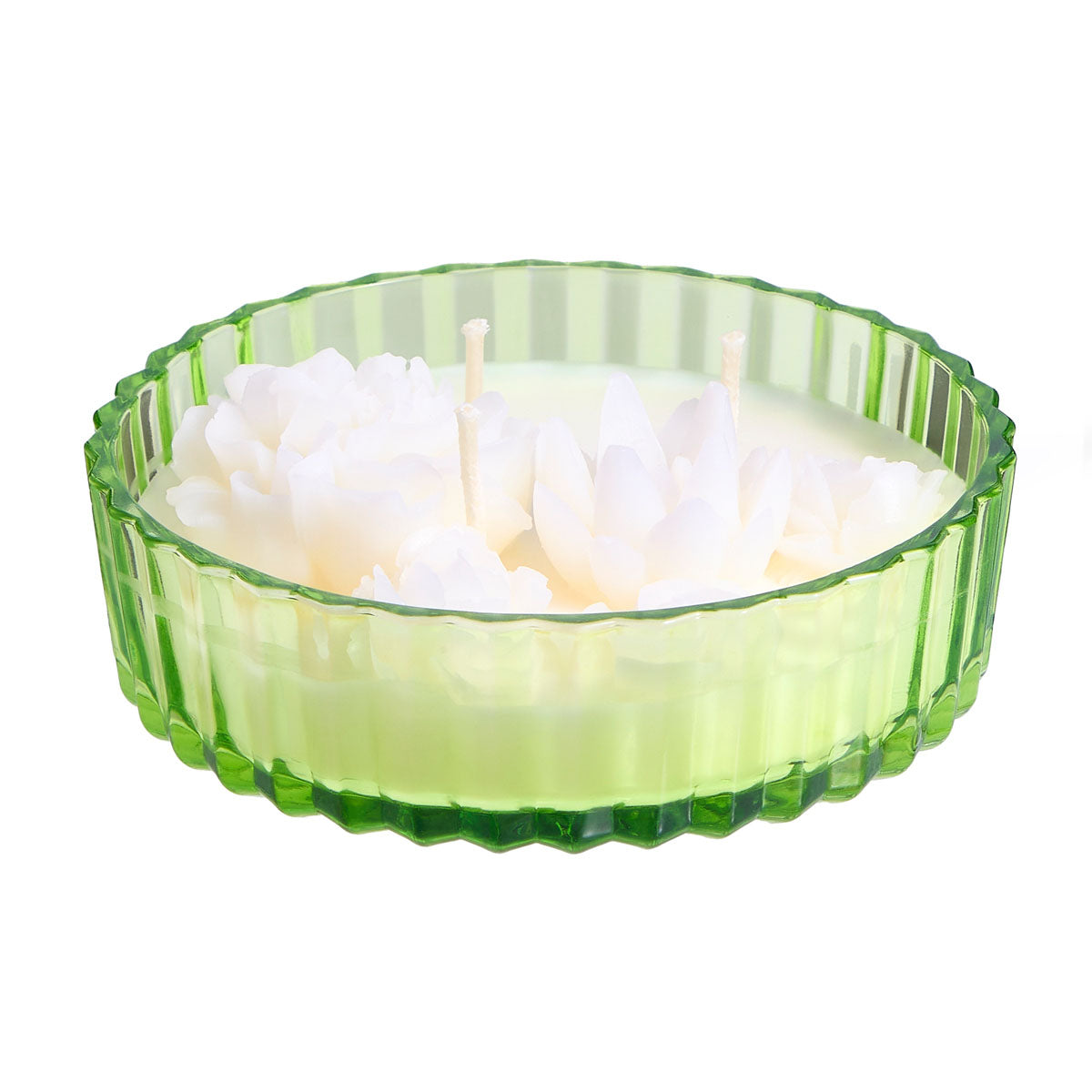 Garden Beauty Specialty Jar - Sunlit Greenhouse, green glass jar with white wax.