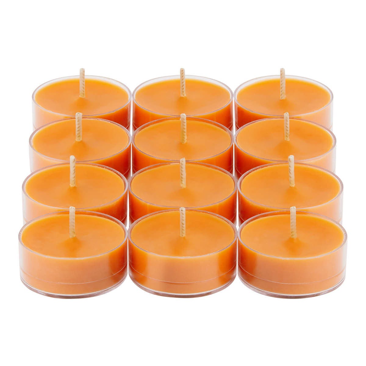 Twelve Maple Leaf & Ginger orange color tealights against a white background.
