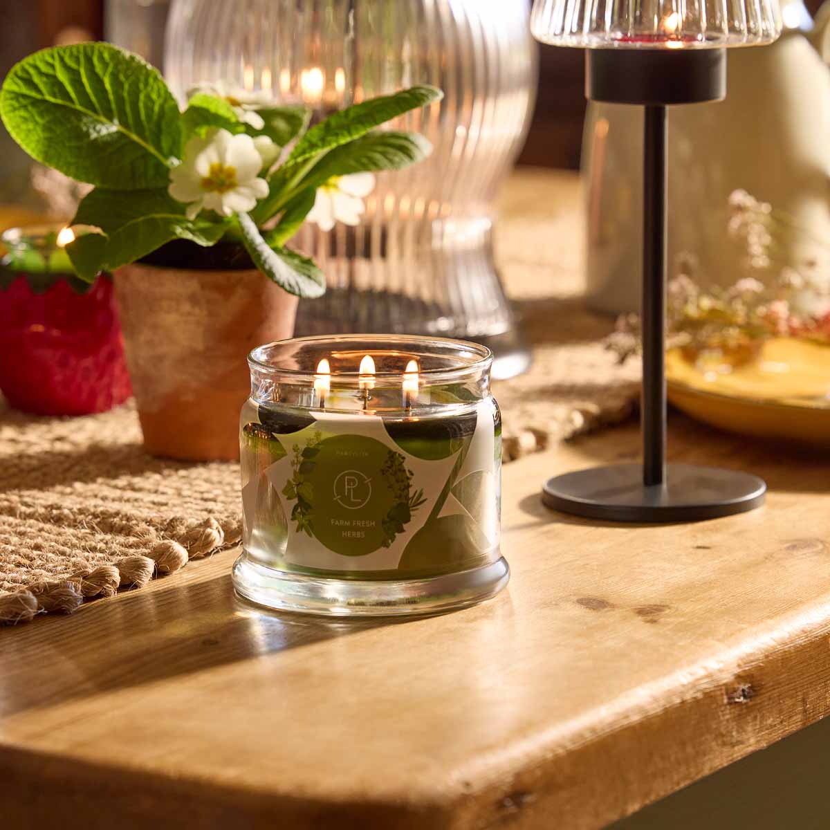Farm Fresh Herbs 3-Wick Jar Candle lit on a wooden table top with plant in behind it.