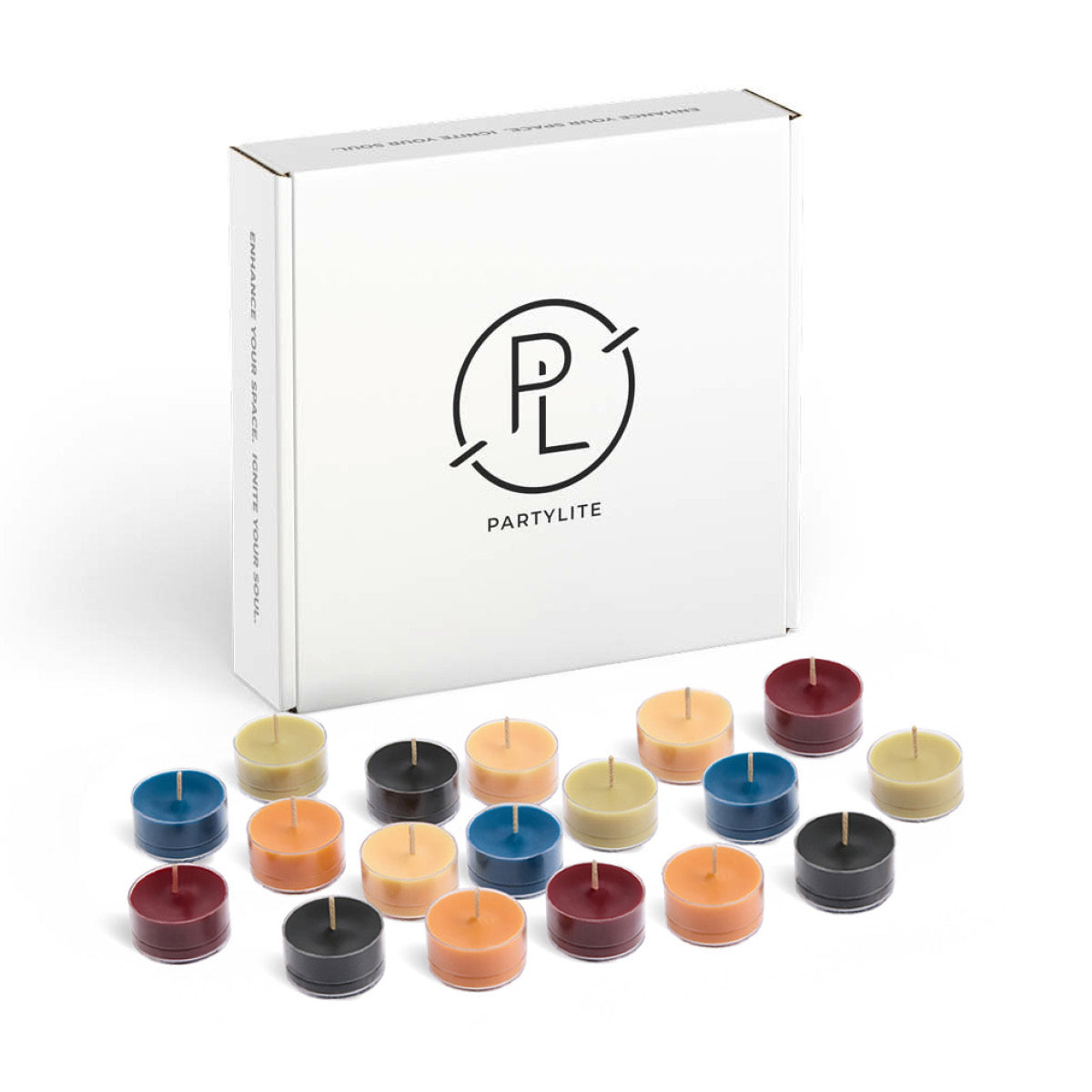 50-piece Tealight Sampler, colorful tealights against a white background with the tealight packaging.