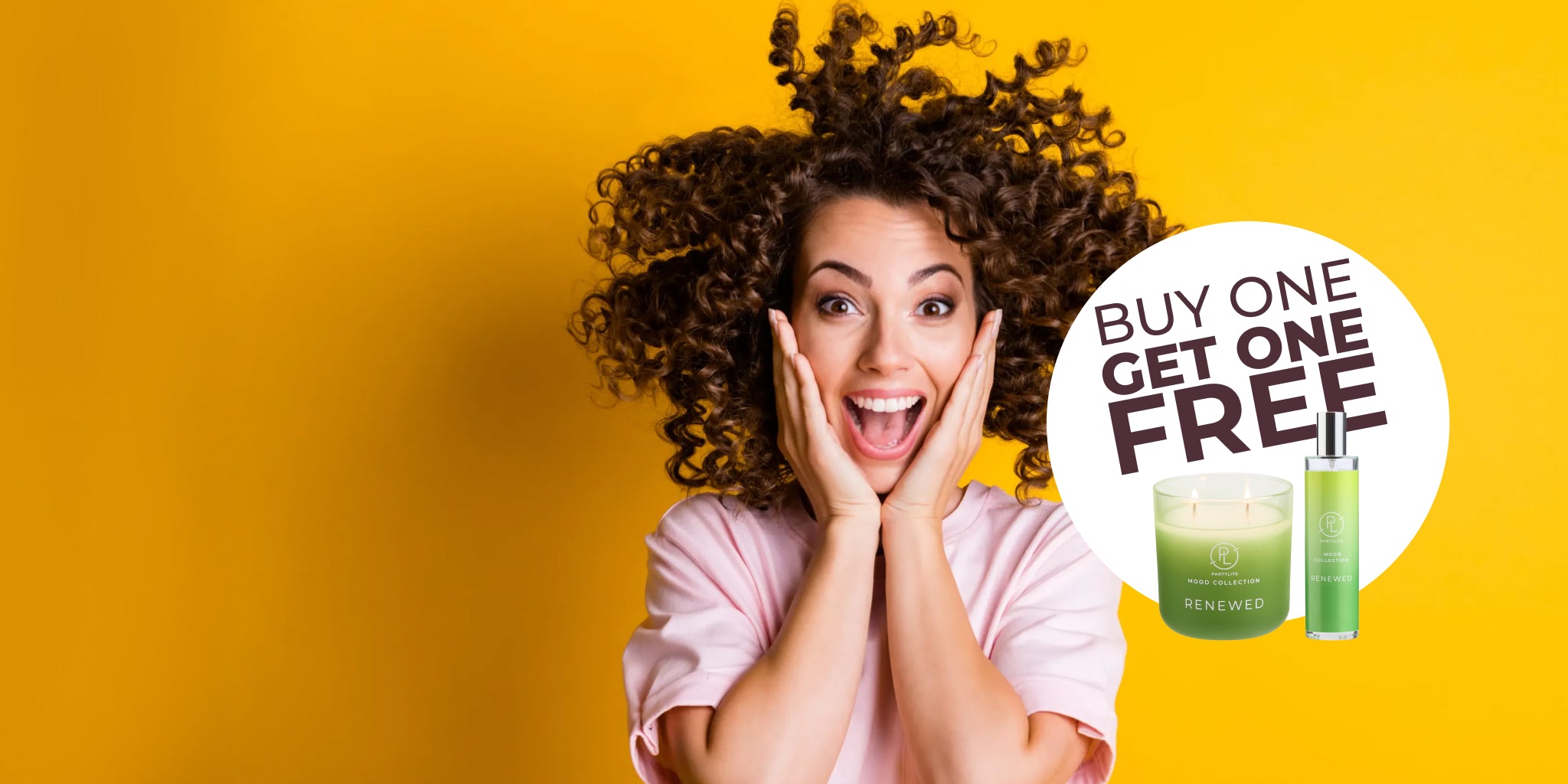 Woman with curly hair holding her hands to her face, with a 'Buy One Get One Free' offer on a yellow background.
