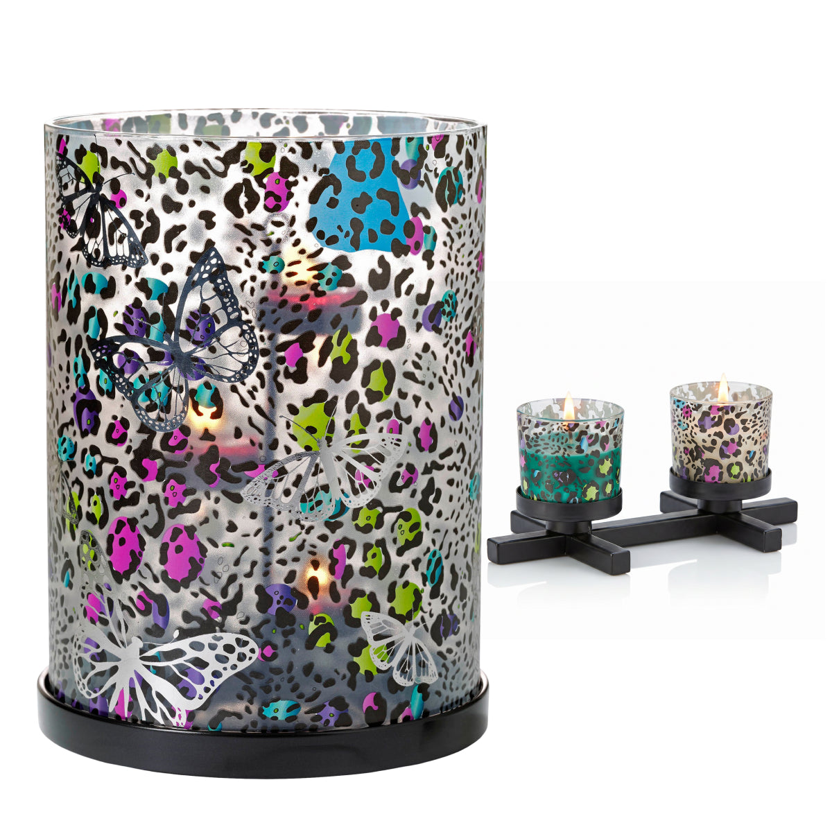 Exotic Chic Hurricane with a colorful butterflies shown with the Exotic Chic Tealight/Votive holders with the same colorful butterflies against a white background.