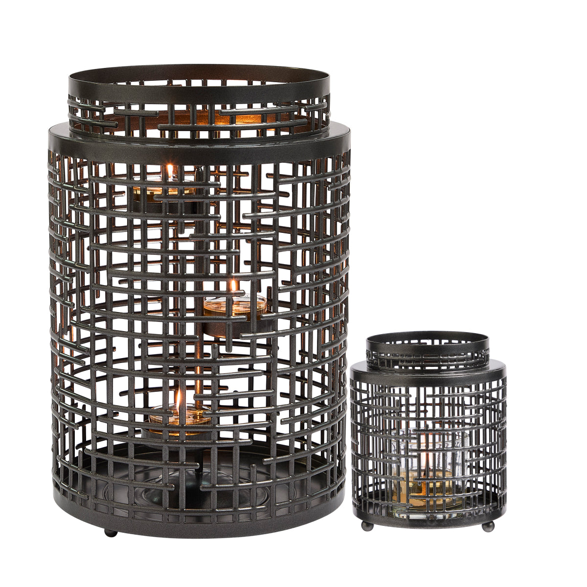 Geometric metal Hurricane and Tealight/Votive holders against a white background.
