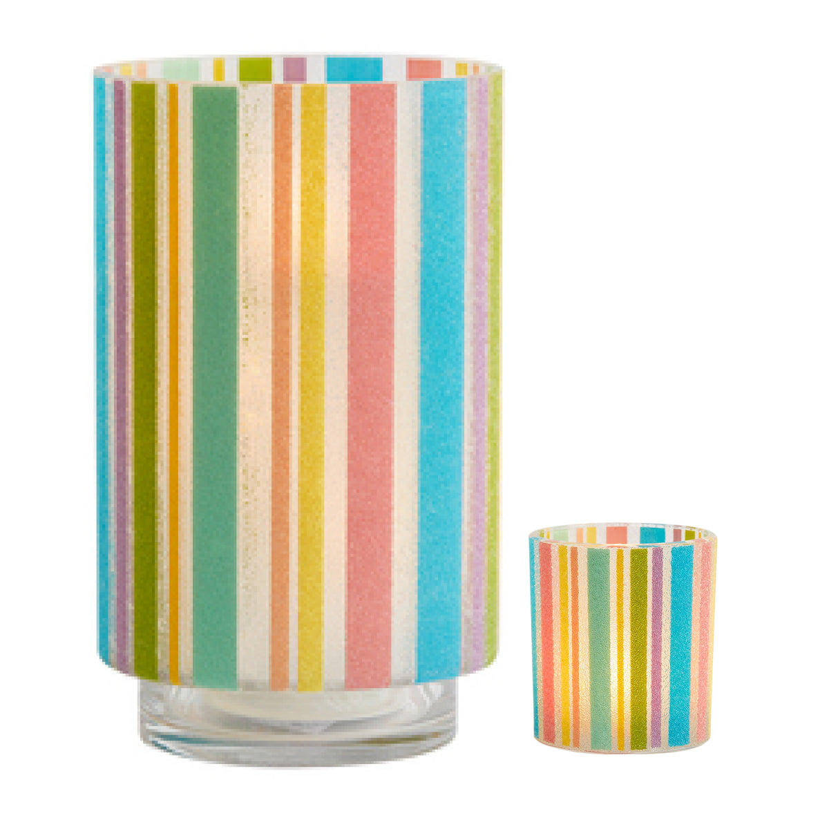 Sugared Stripes Hurricane and Tealight/Votive holder colorful stripes against a white background.