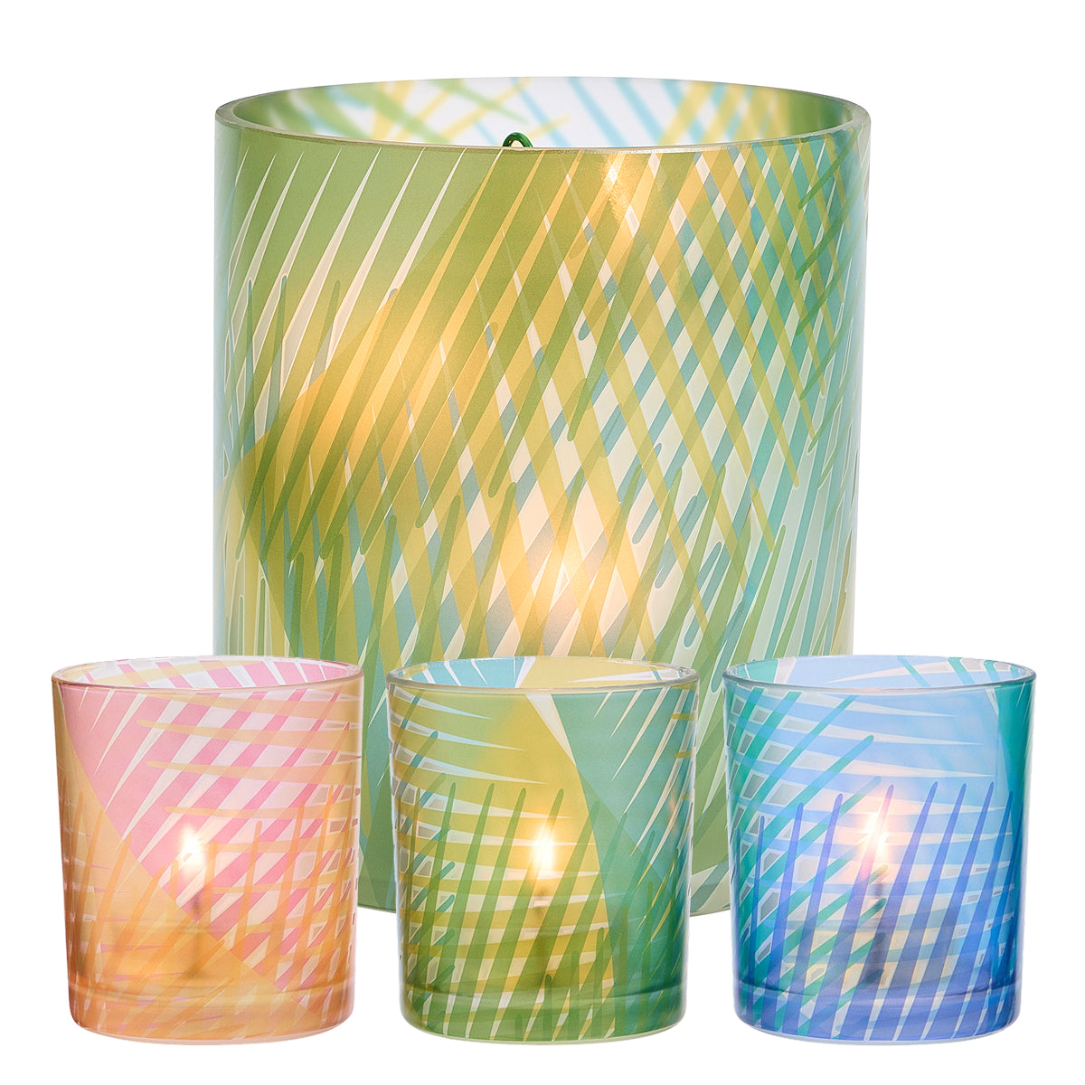 Tropical Palm Huricane with Tropical Palm Tealight/Votive holders, colorful, green, pink and blue holders against a white background.