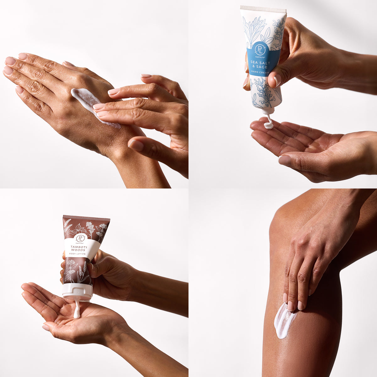 4 images with body care uses. 2 for hand cream and 2 for body lotion.