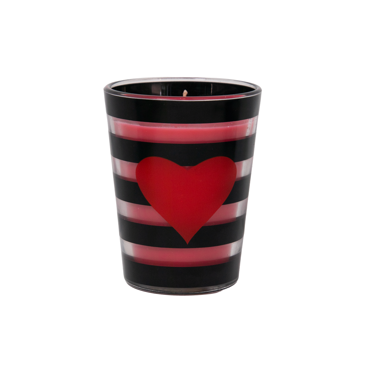 Candle in a black and red striped container with a red heart design on a white background
