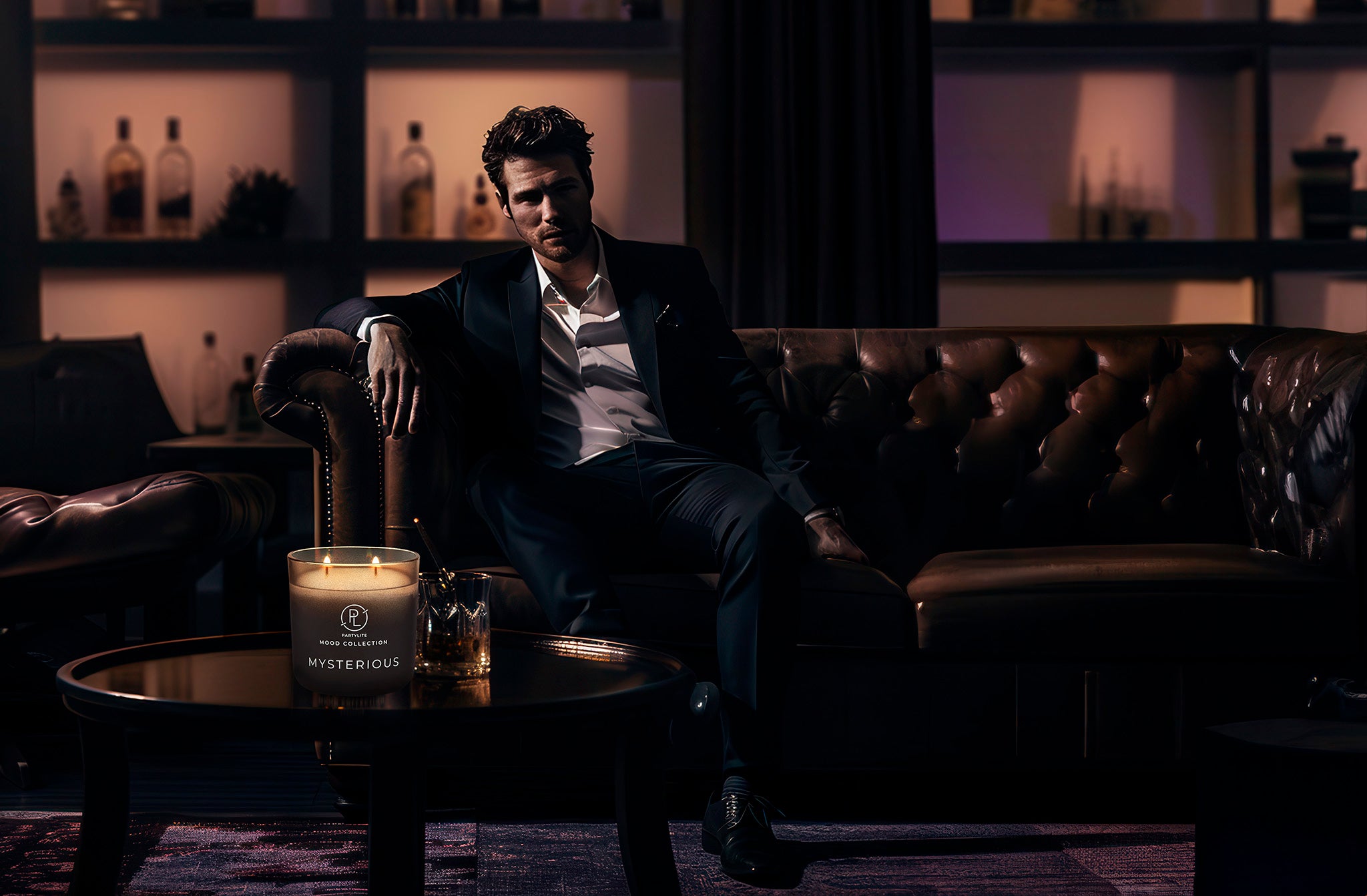 Mysterious Mood Jar Candle on a dark colored table with drink in a glass next to it and dark leather sofa with a man sitting on it.