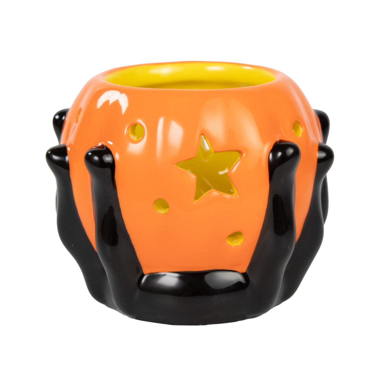 Silly Spider Candle Holder with a black spider at the bottom of the holder and an orange candle holder against a white background.