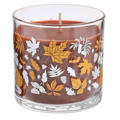 Maple Tobac Mini Jar Candle, with Autumn leaves on the jar against a white background.