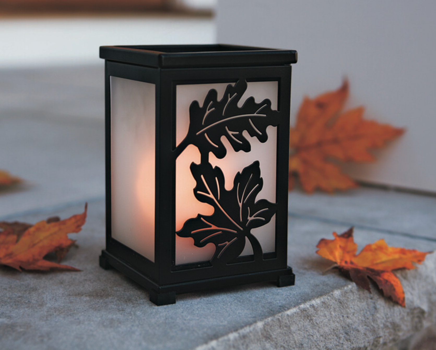 Change-O-Luminary candle holder shown lit with autumn leaves.