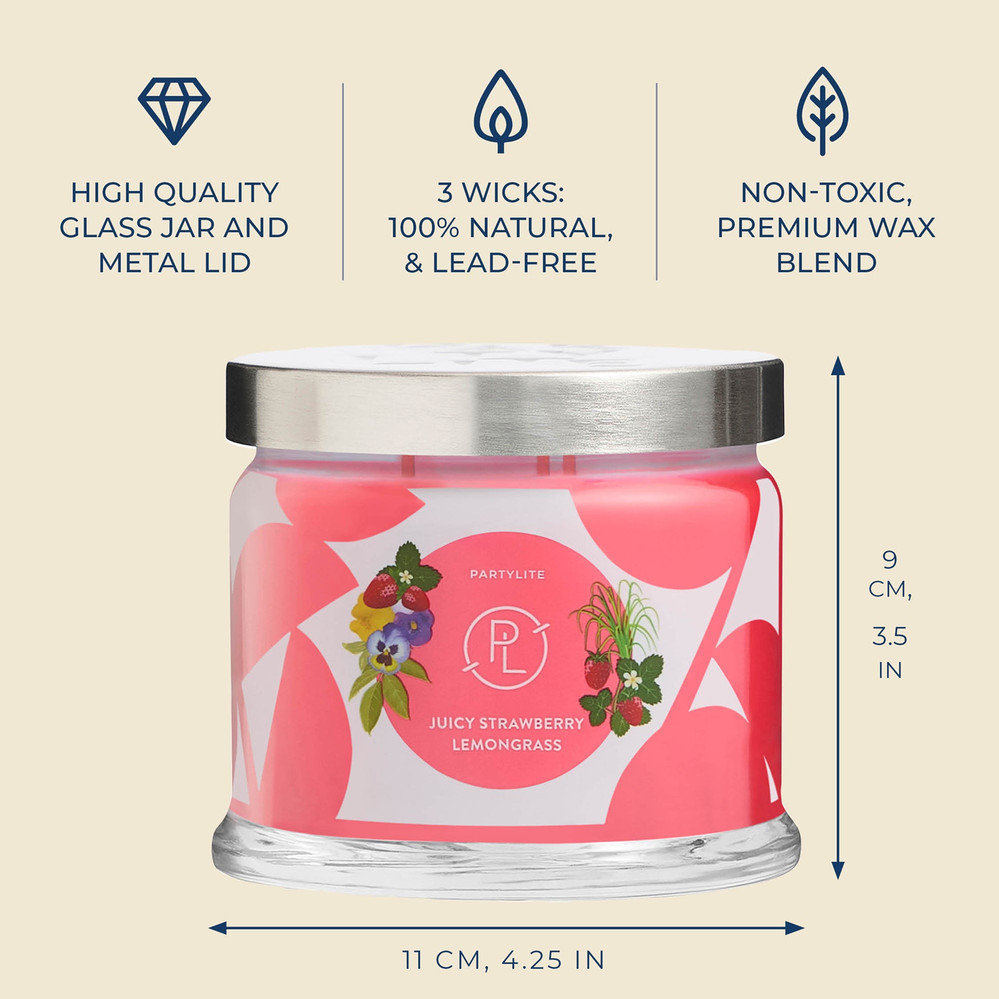 Candle jar with pink label and measurements on a beige background