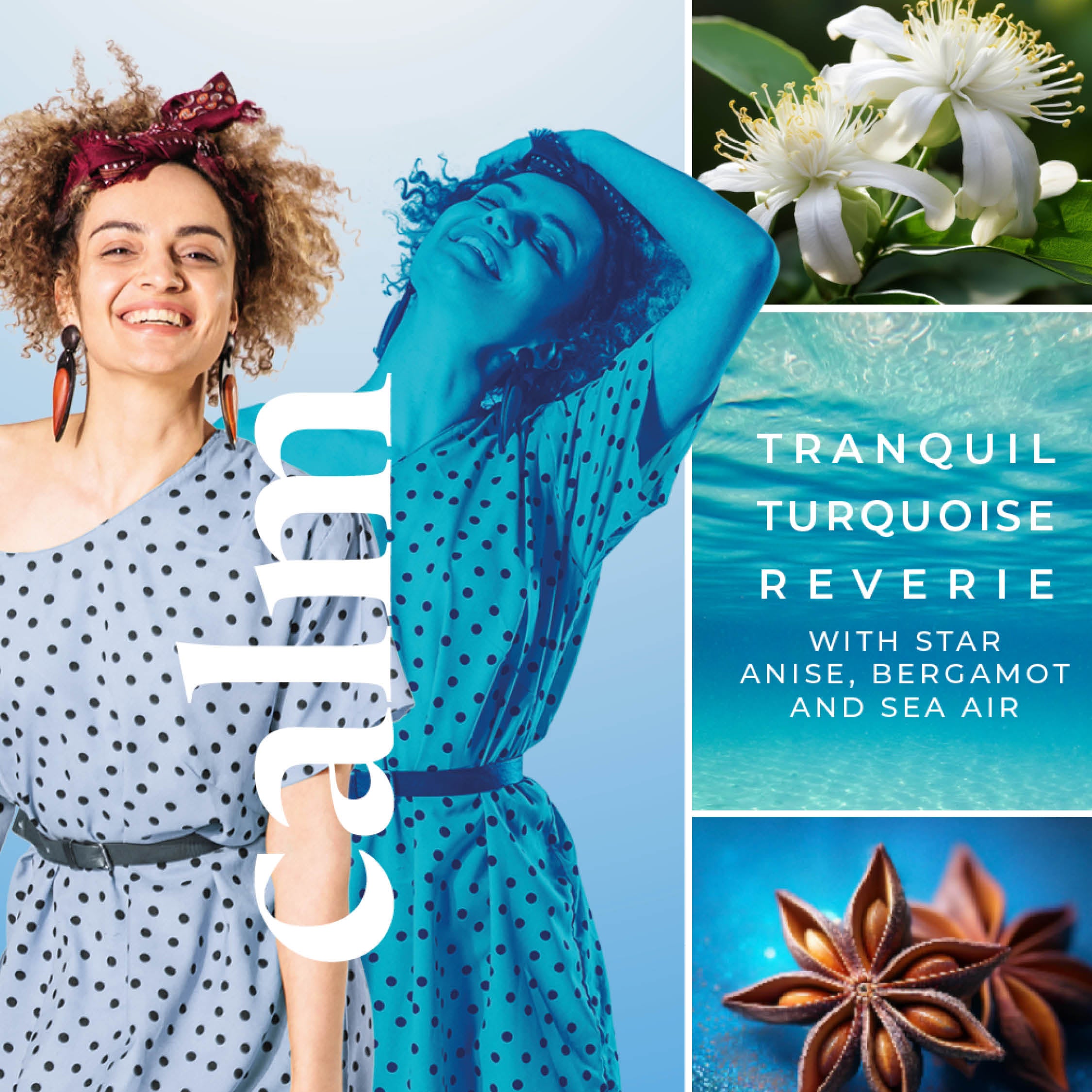 Collage of a woman in a polka dot dress, flowers, star anise, and bergamot with text 'Calm' and 'Tranquil Turquoise Reverie'.