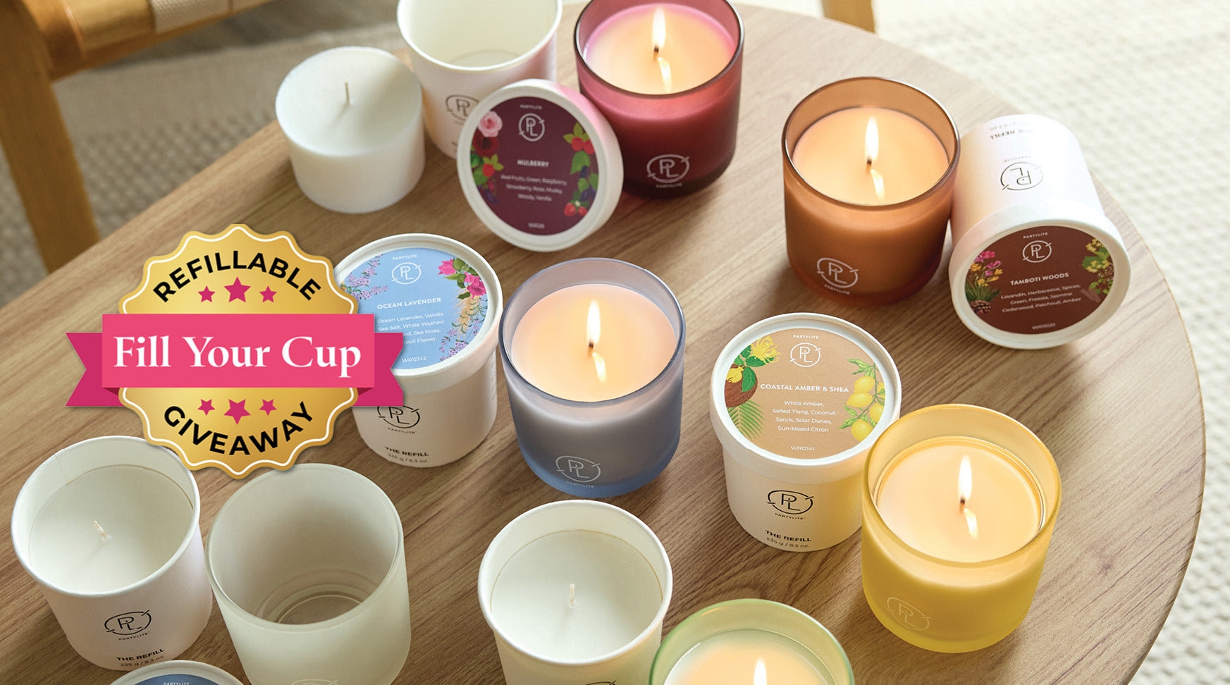 Refillable Giveaway, Refillable jars plus refills on a wooden table.