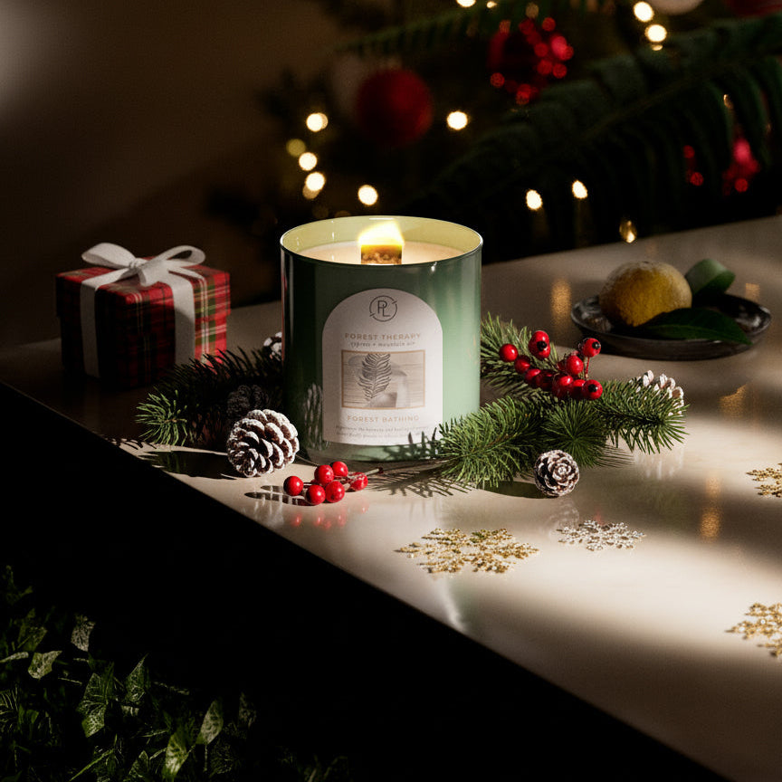 Candle with a Christmas tree and decorations in the background