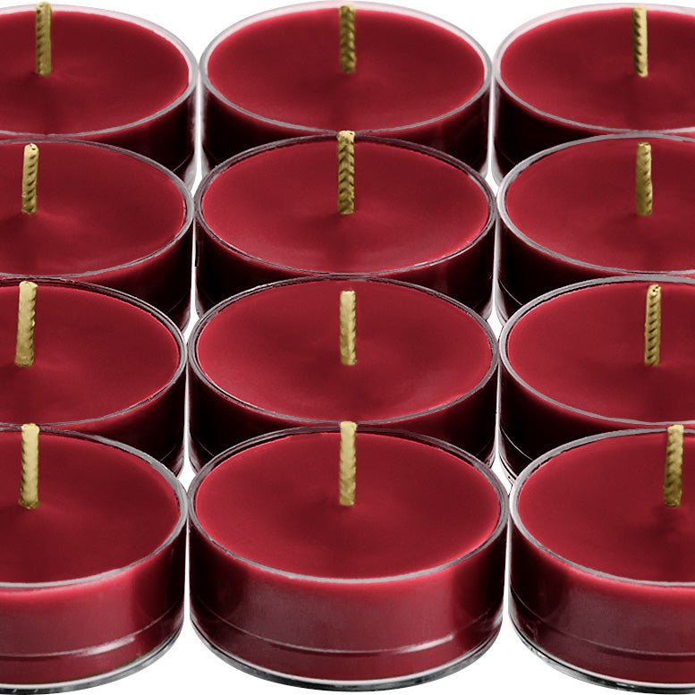 Twelve Bourbon Cherry Tealights against a white background.