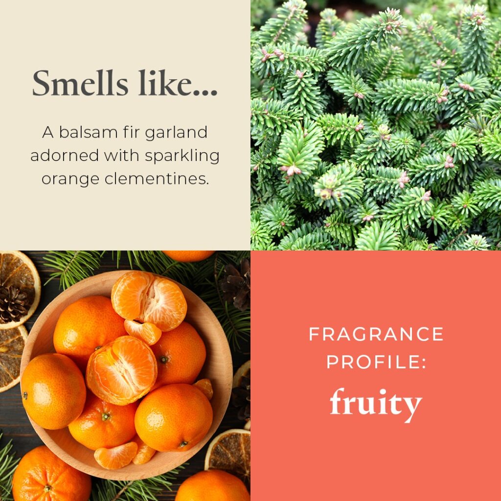 Fragrance description with balsam fir garland and clementines on a beige and pink background.