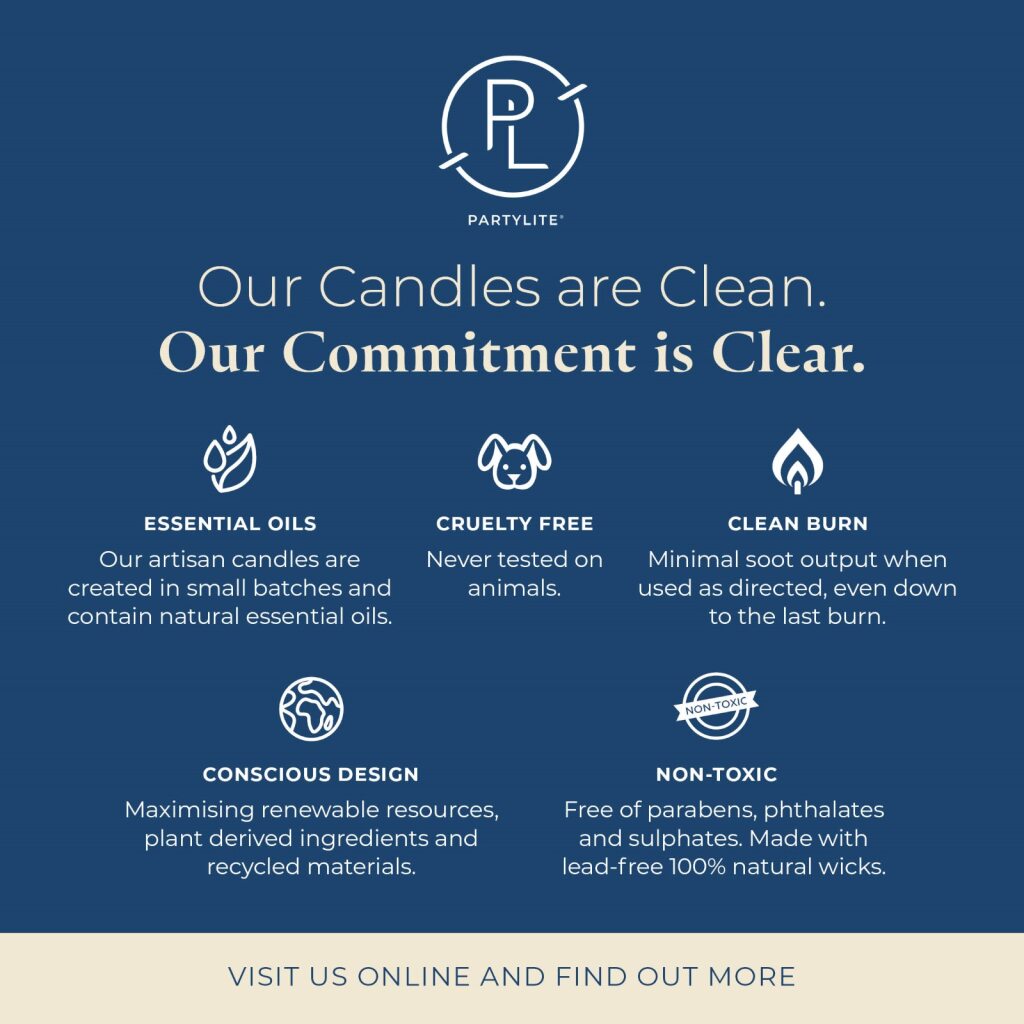 PartyLite advertisement with commitment to clean candles on a blue background.