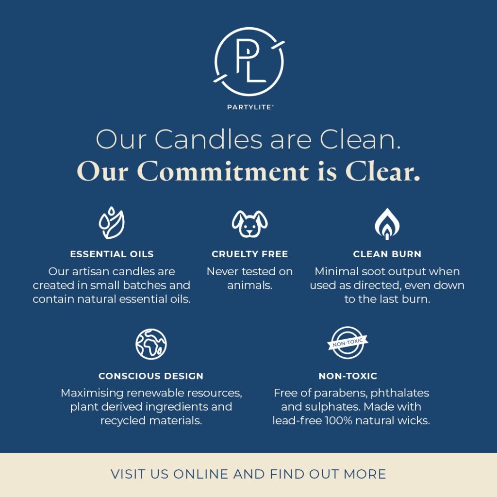 Partylite advertisement with commitment to clean candles and clear message on a blue background.