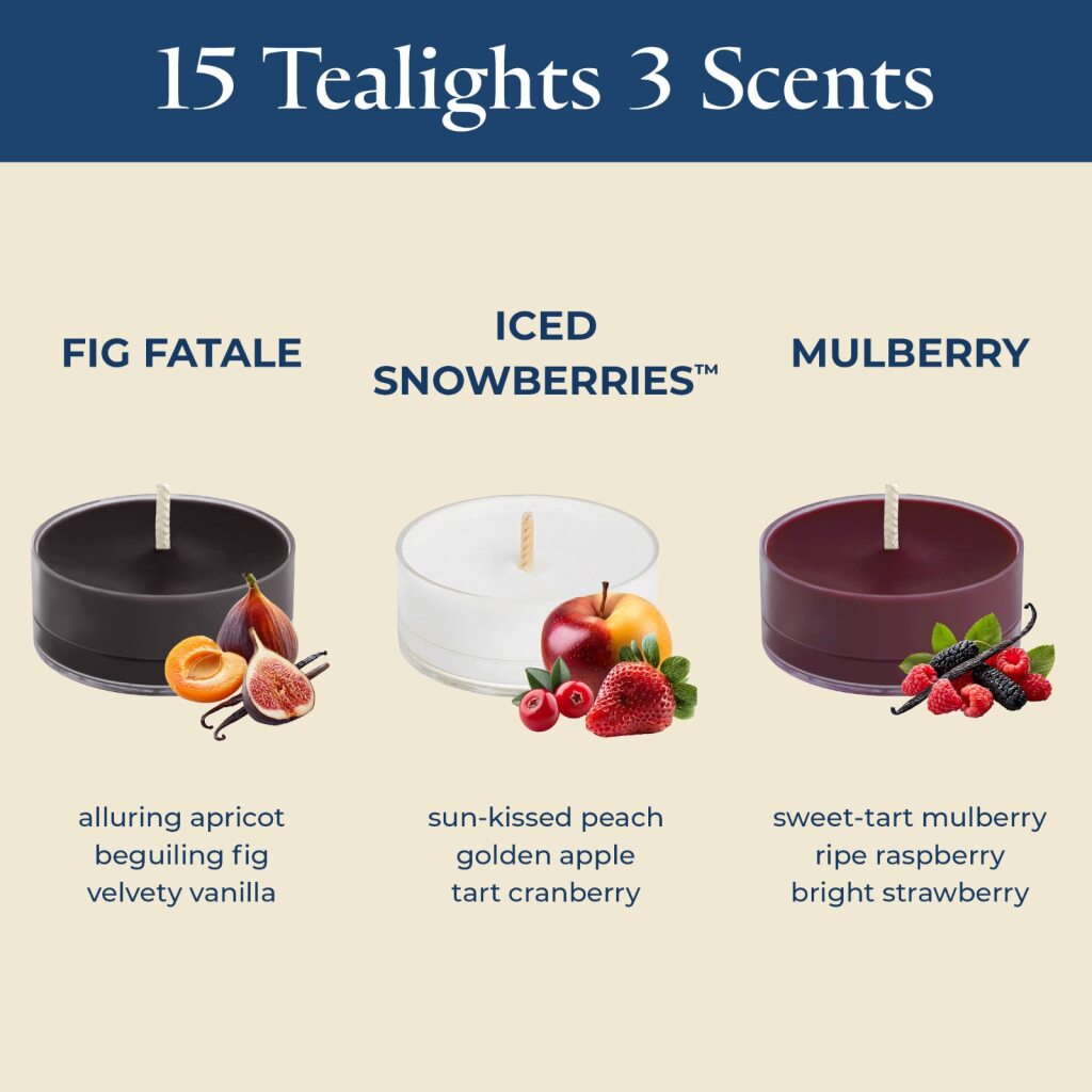 Three tealight candles with scents 'Fig Fatale', 'Iced Snowberries', and 'Mulberry' displayed on a beige background.