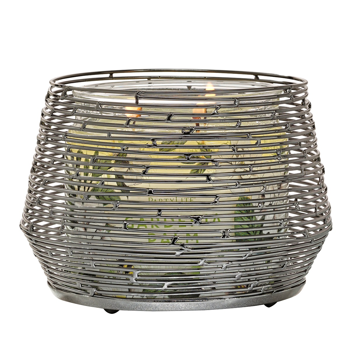 Spun Wire Votive Holder shown with a lit candle.