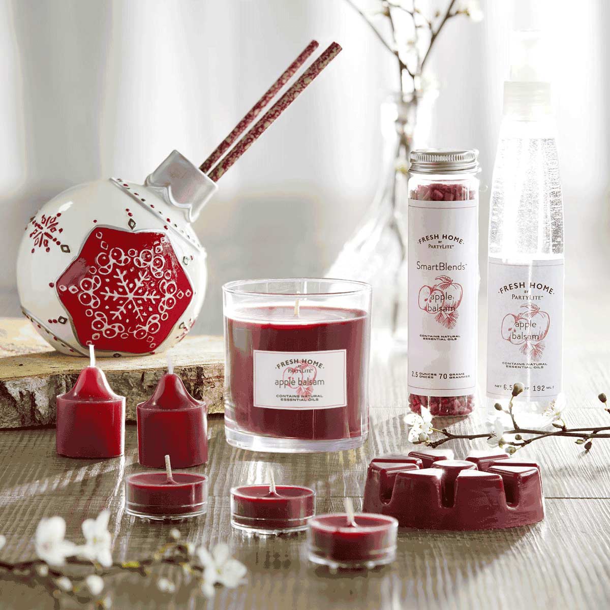 Apple Balsam Jar Candle, tealights, votive candles, room spray and smart blends with a Christmas Fragrance Stick holder.