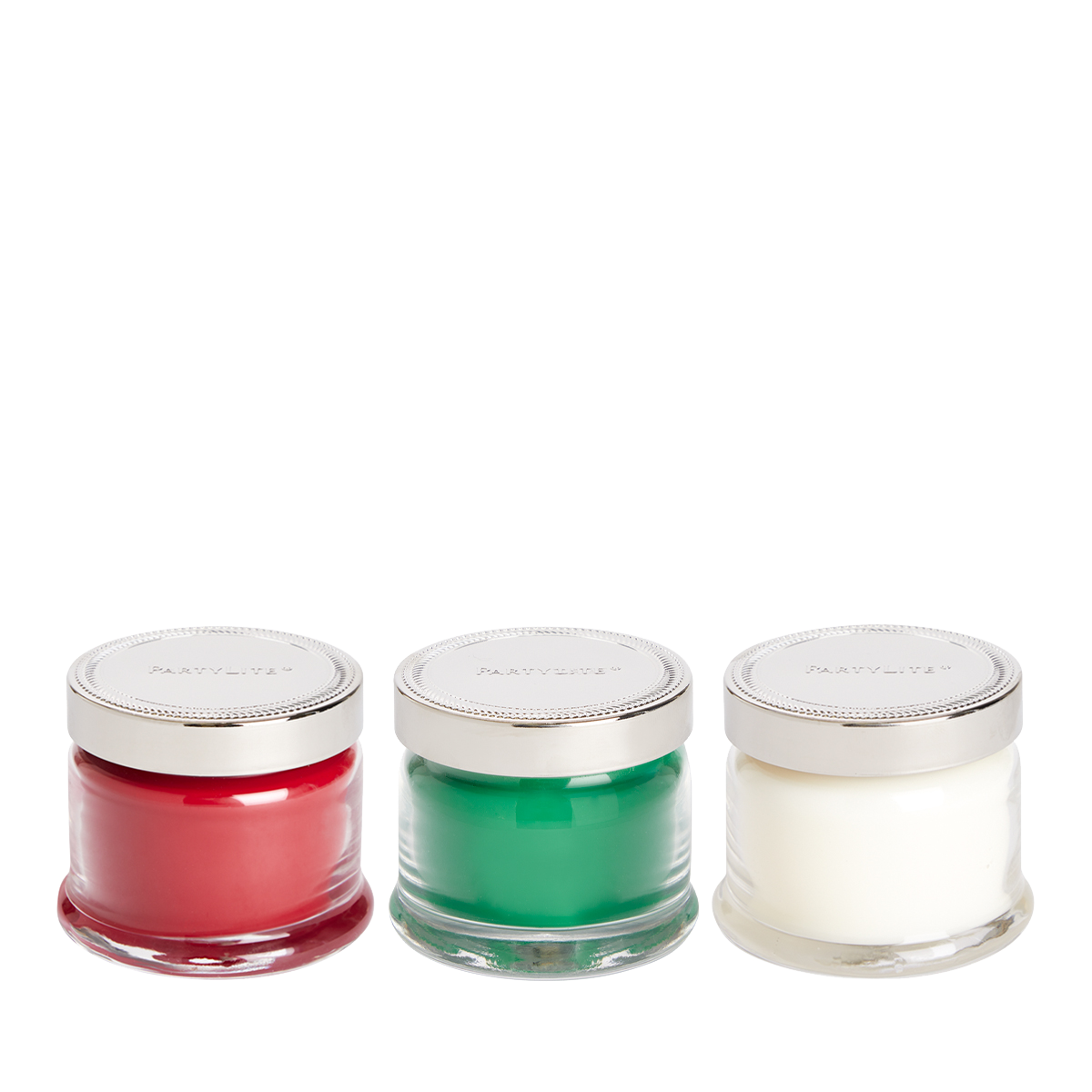 Holiday Memories Mini Jar Candles Sampler Set, with red, green and white wax.