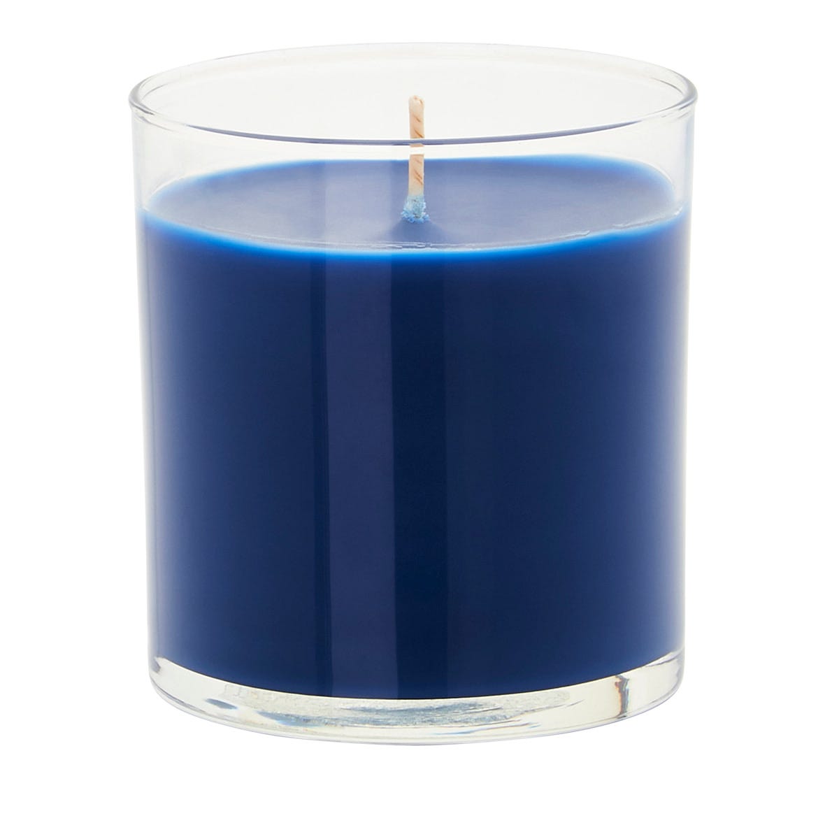 Blueberry Tart Escential Jar, blue wax in a glass jar, against a white background.